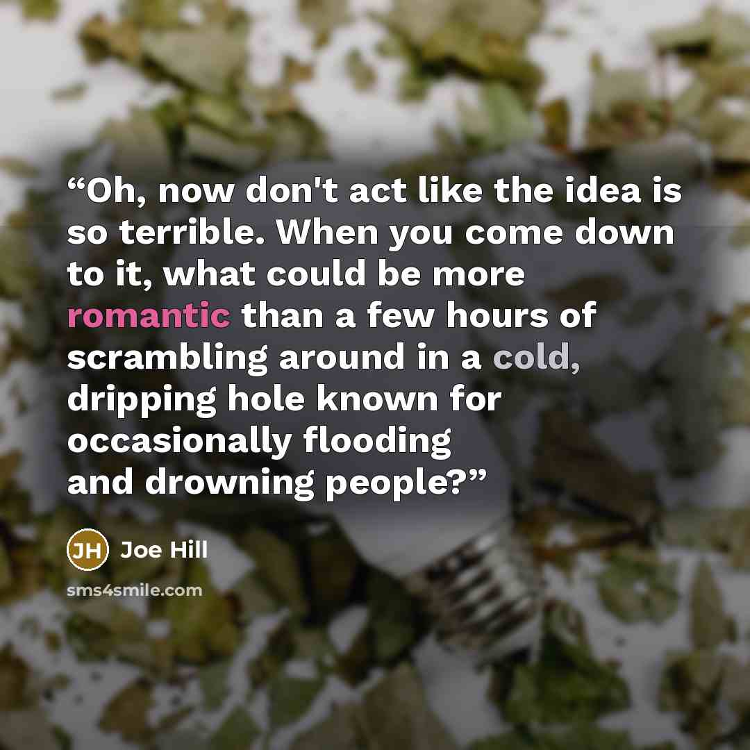 “Oh, now don't act like the idea is so terrible. When you come down to it, what could be more romantic than a few hours of scrambling around in a cold, dripping hole known for occasionally flooding and drowning people?” quote by Joe Hill