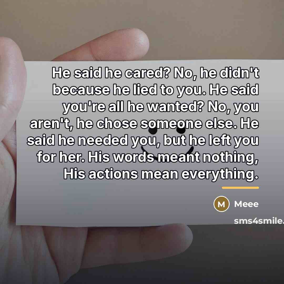 “He said he cared? No, he didn't because he lied…” quote by Meee