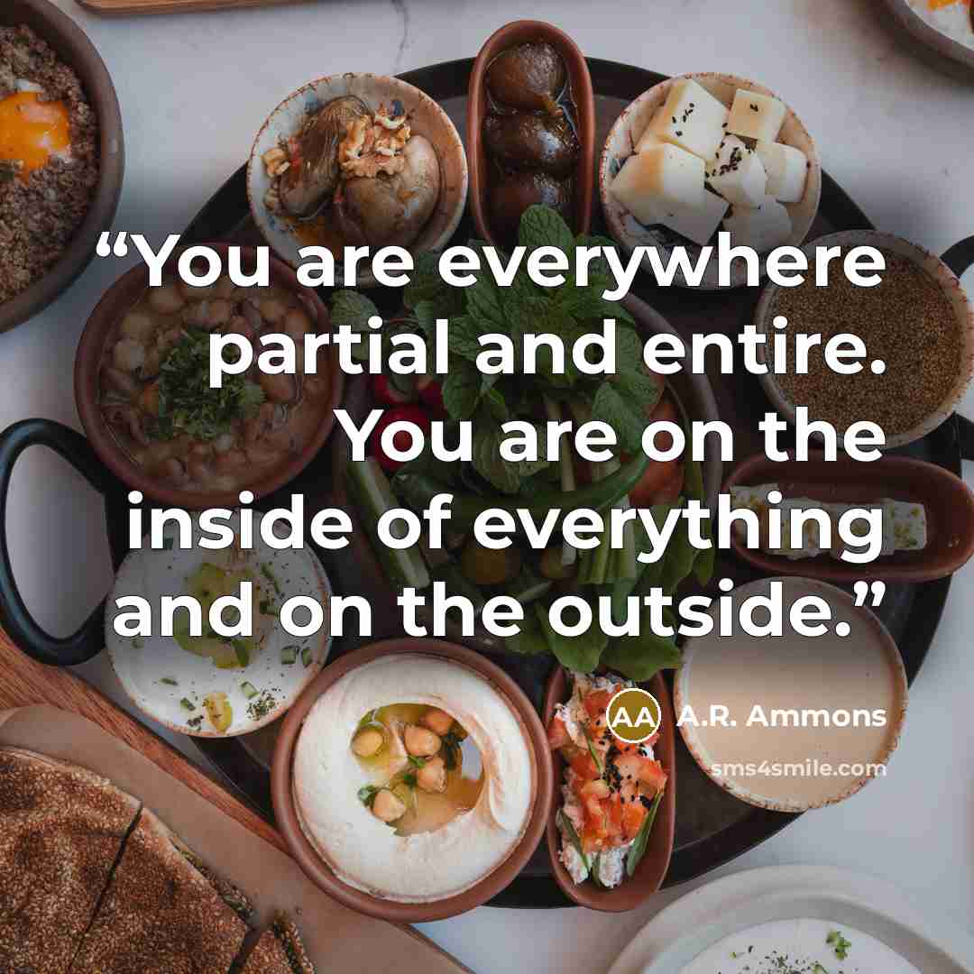 “You are everywhere partial and entire. You are on the inside of everything and on the outside.” quote by A.R. Ammons