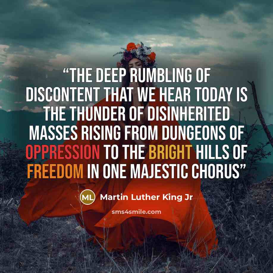 “The deep rumbling of discontent that we hear today is the thunder of disinherited masses rising from dungeons of oppression to the bright hills of freedom in one majestic chorus” quote by Martin Luther King Jr