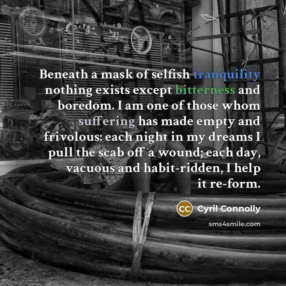 “Beneath a mask of selfish tranquility nothing exists except bitterness…” quote by Cyril Connolly