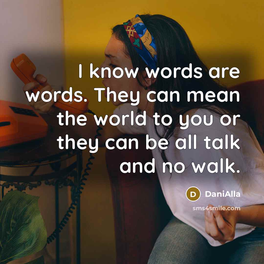 “I know words are words. They can mean the world to you or they can be all talk and no walk.” quote by DaniAlla