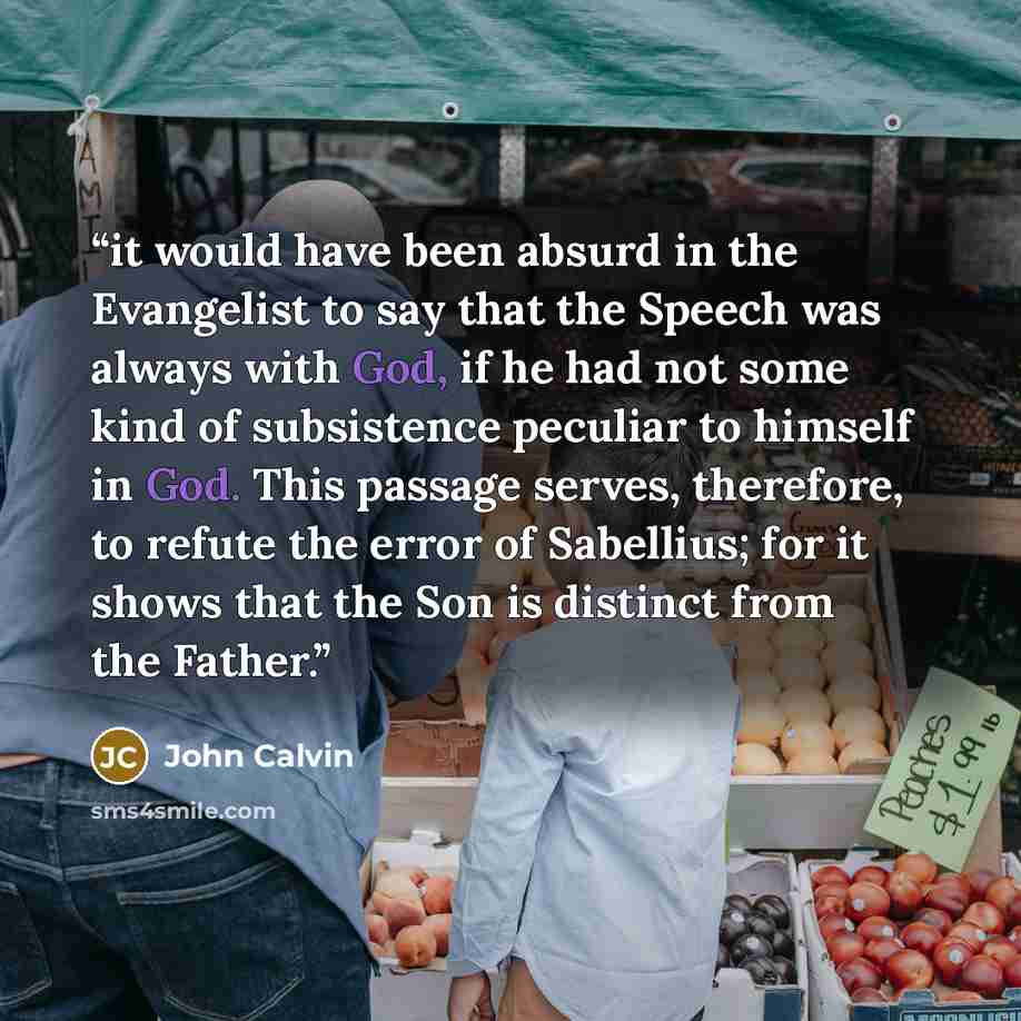 “it would have been absurd in the Evangelist to say that the Speech was always with God, if he had not some kind of subsistence peculiar to himself in God. This passage serves, therefore, to refute the error of Sabellius; for it shows that the Son is distinct from the Father.” quote by John Calvin