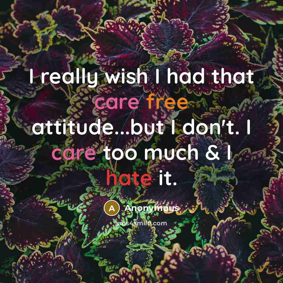 “I really wish I had that care free attitude...but I don't. I care too much & I hate it.” quote by Anonymous