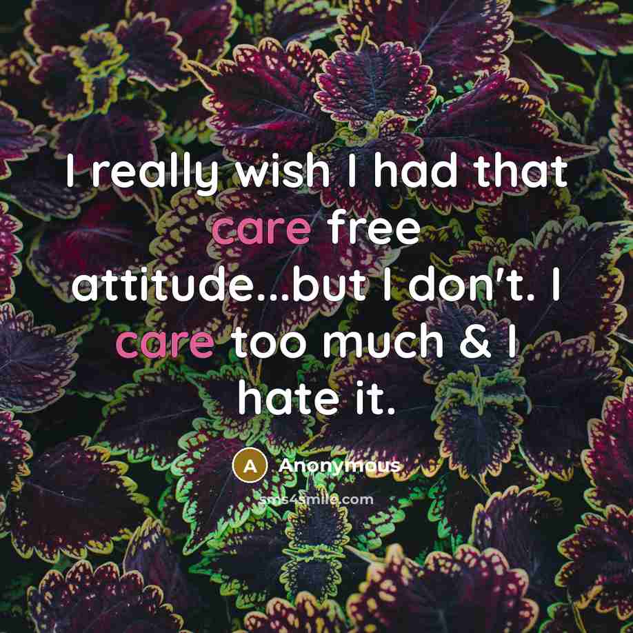 “I really wish I had that care free attitude...but I don't. I care too much & I hate it.” quote by Anonymous