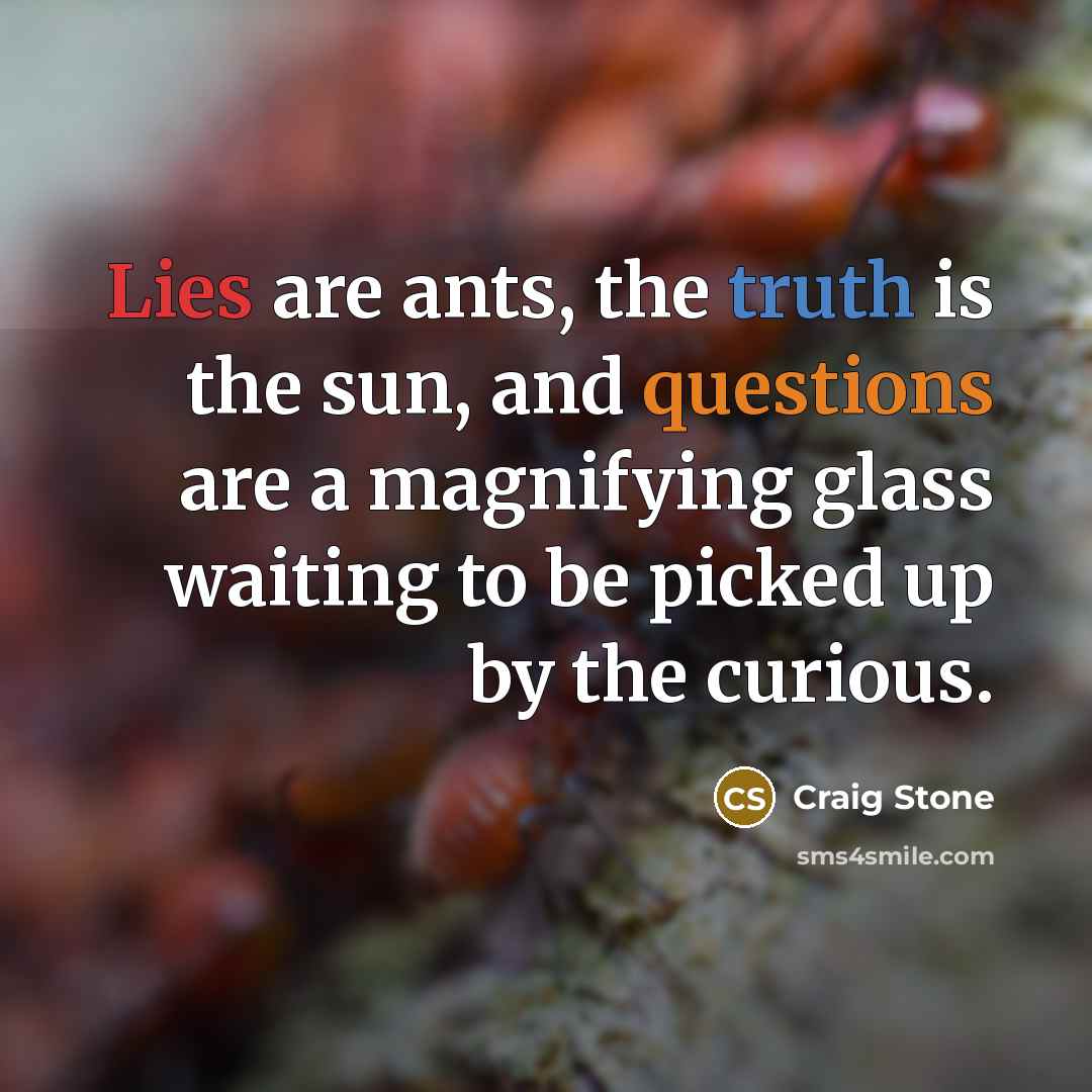 “Lies are ants, the truth is the sun, and questions…” quote by Craig Stone