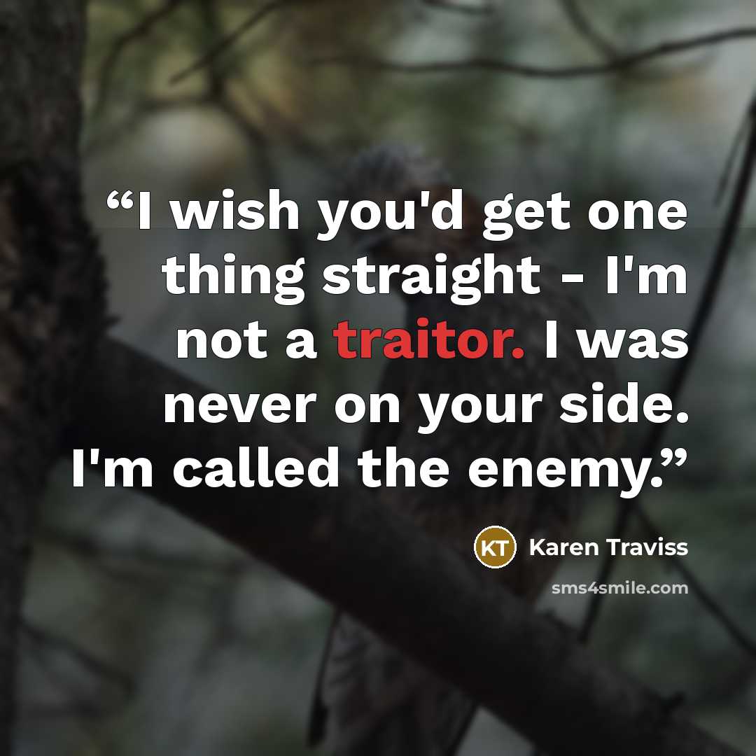 “I wish you'd get one thing straight - I'm not a traitor. I was never on your side. I'm called the enemy.” quote by Karen Traviss