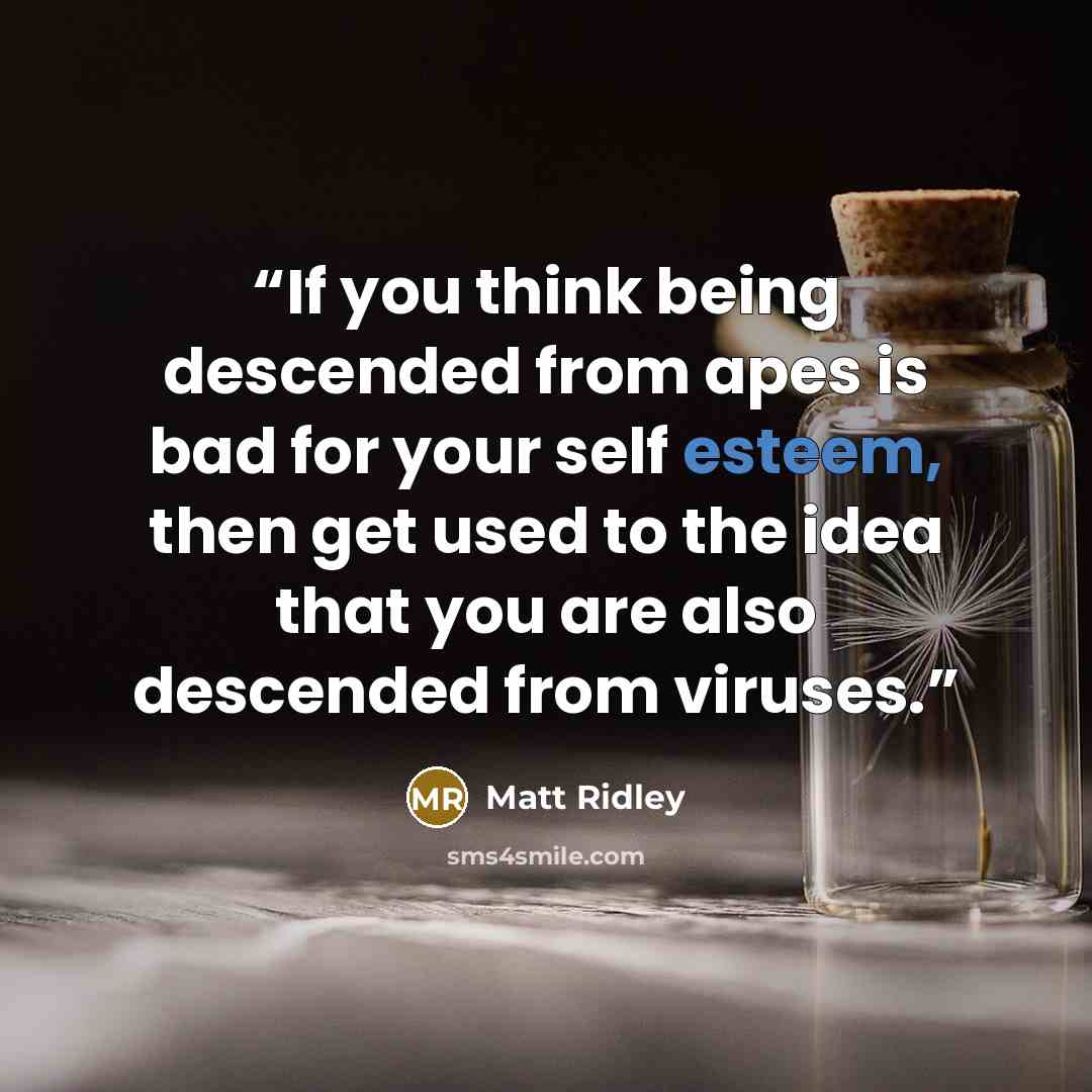 “If you think being descended from apes is bad for your self esteem, then get used to the idea that you are also descended from viruses.” quote by Matt Ridley
