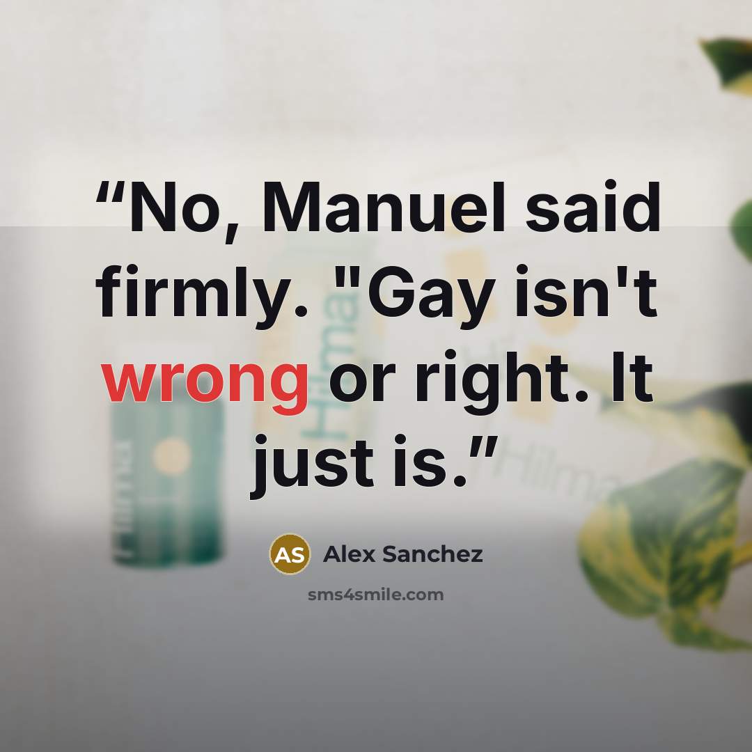 “No, Manuel said firmly. "Gay isn't wrong or right. It just is.” quote by Alex Sanchez