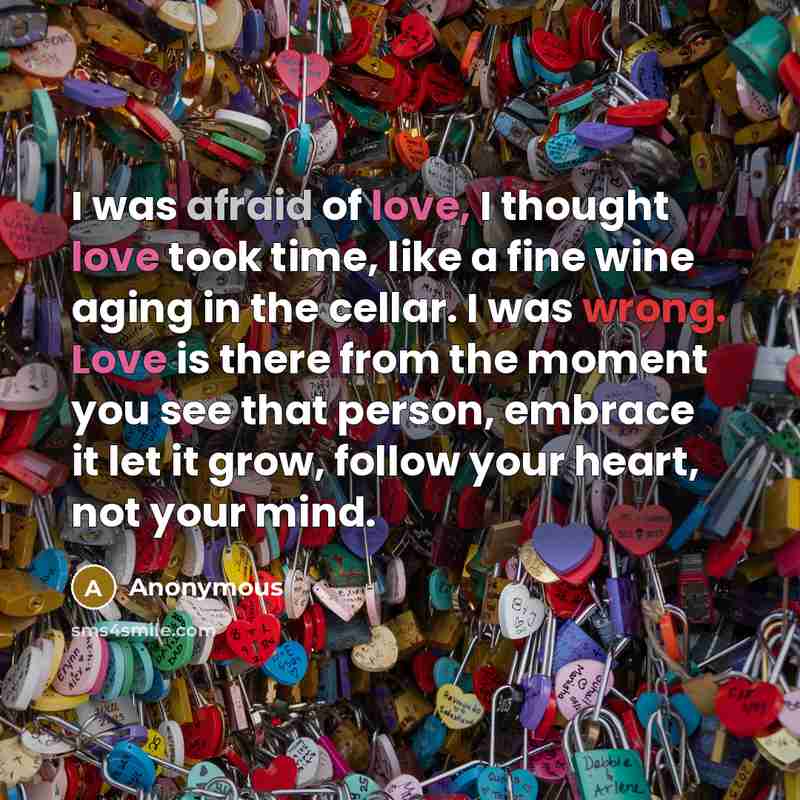 “I was afraid of love, I thought love took time, like a fine wine aging in the cellar. I was wrong. Love is there from the moment you see that person, embrace it let it grow, follow your heart, not your mind.” quote by Anonymous