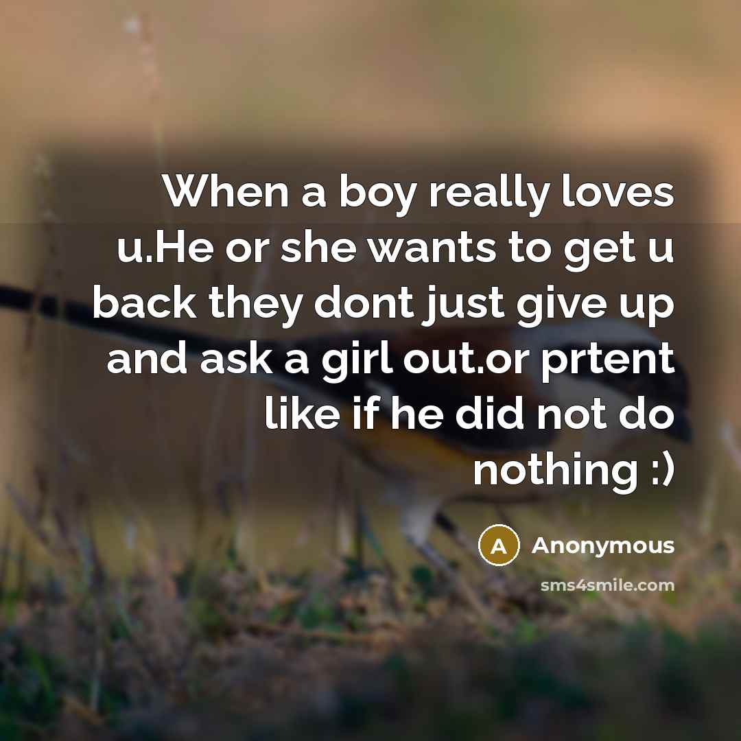 “When a boy really loves u.He or she wants to get u back they dont just give up and ask a girl out.or prtent like if he did not do nothing :)” quote by Anonymous