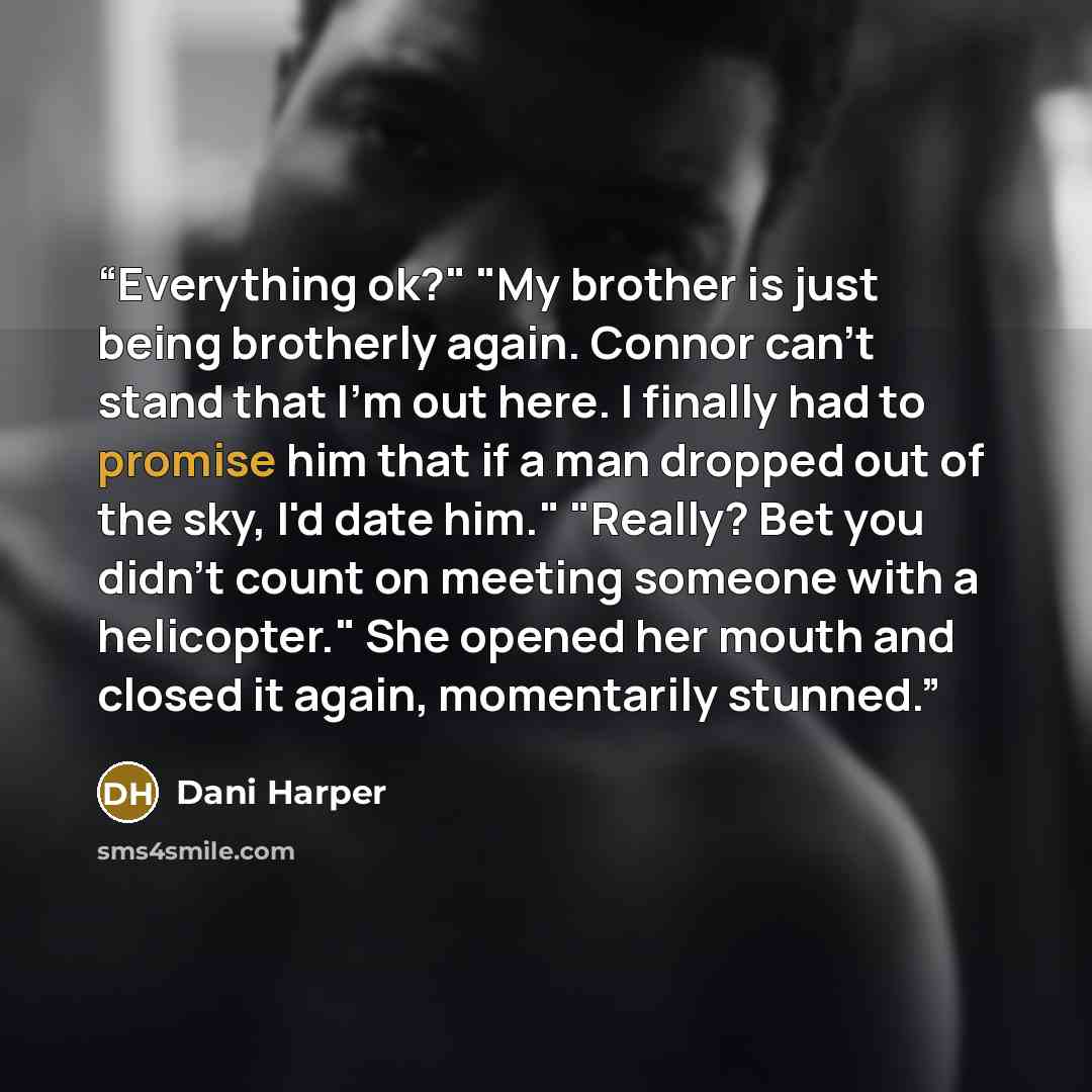 “Everything ok?" "My brother is just being brotherly again. Connor can't stand that I'm out here. I finally had to promise him that if a man dropped out of the sky, I'd date him." "Really? Bet you didn't count on meeting someone with a helicopter." She opened her mouth and closed it again…” quote by Dani Harper
