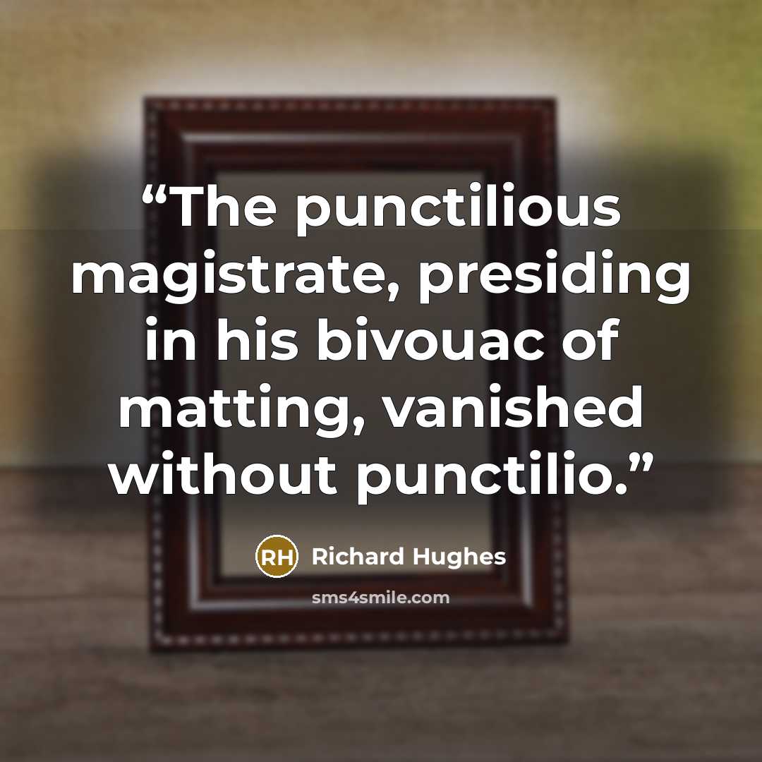 “The punctilious magistrate, presiding in his bivouac of matting, vanished without punctilio.” quote by Richard Hughes