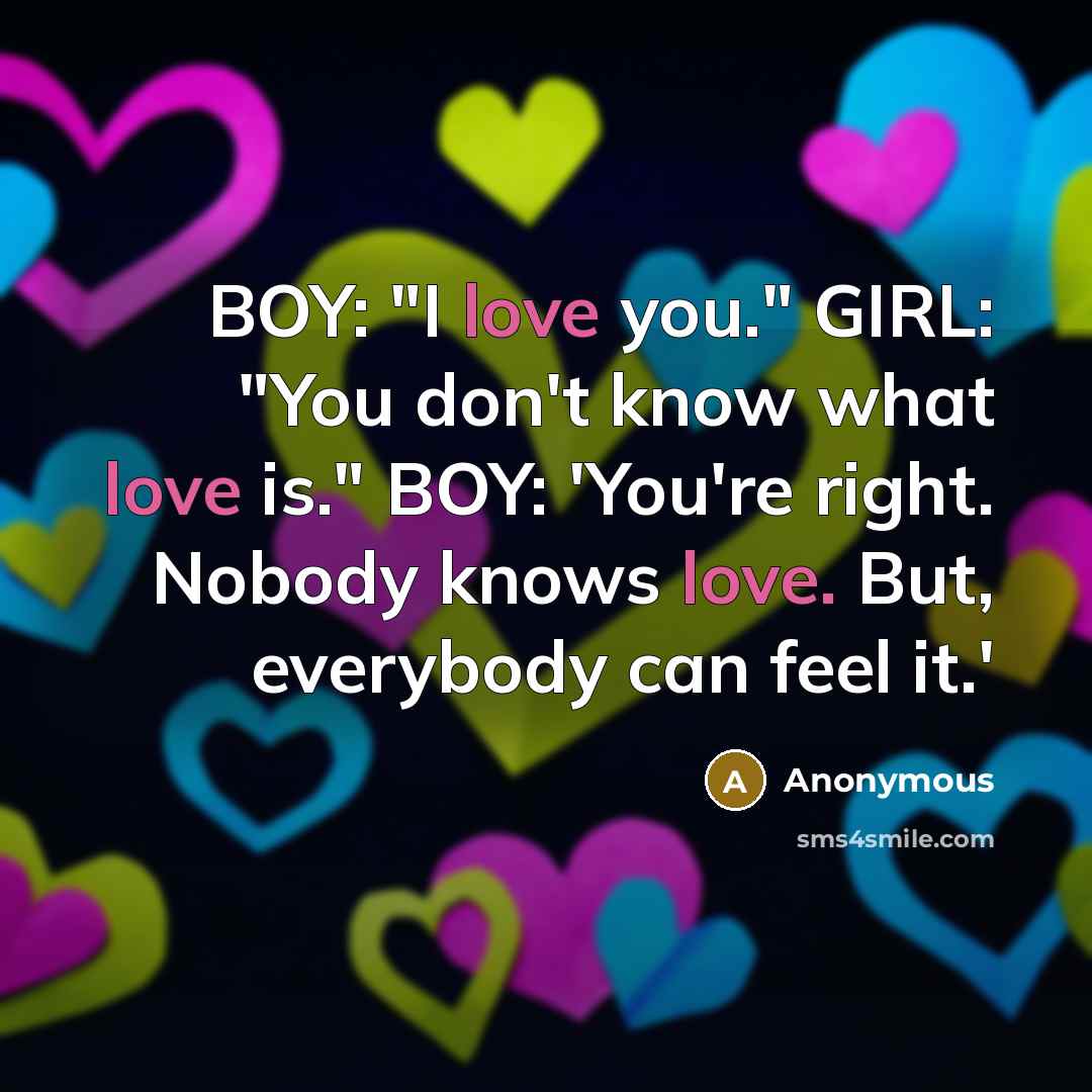 “BOY: "I love you." GIRL: "You don't know what love is." BOY: 'You're right. Nobody knows love. But, everybody can feel it.'” quote by Anonymous