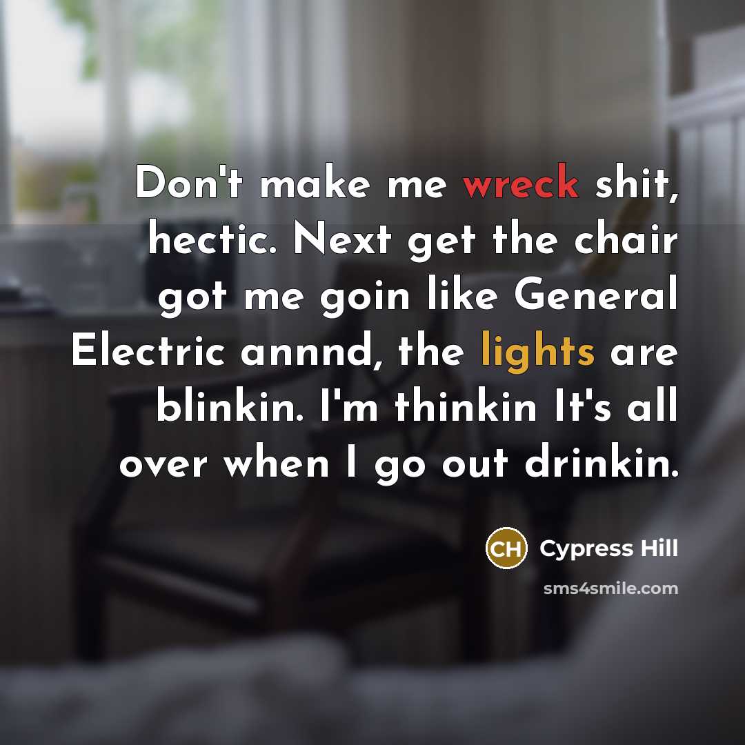 “Don't make me wreck shit, hectic. Next get the chair got me goin like General Electric annnd, the lights are blinkin. I'm thinkin It's all over when I go out drinkin.” quote by Cypress Hill
