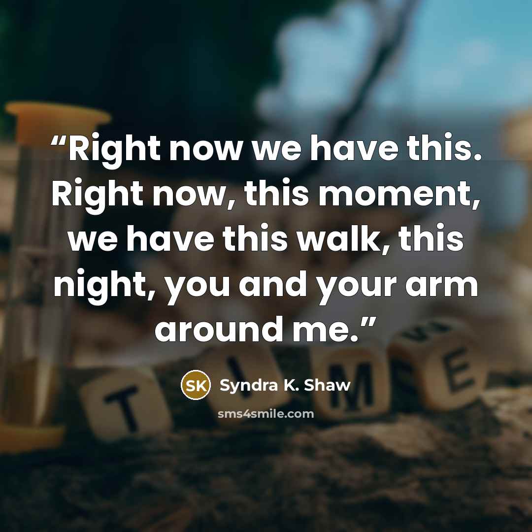 “Right now we have this. Right now, this moment, we have this walk, this night, you and your arm around me.” quote by Syndra K. Shaw