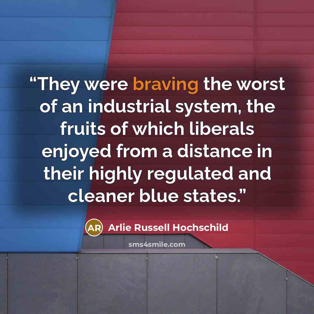 “They were braving the worst of an industrial system, the fruits of which liberals enjoyed from a distance in their highly regulated and cleaner blue states.” quote by Arlie Russell Hochschild