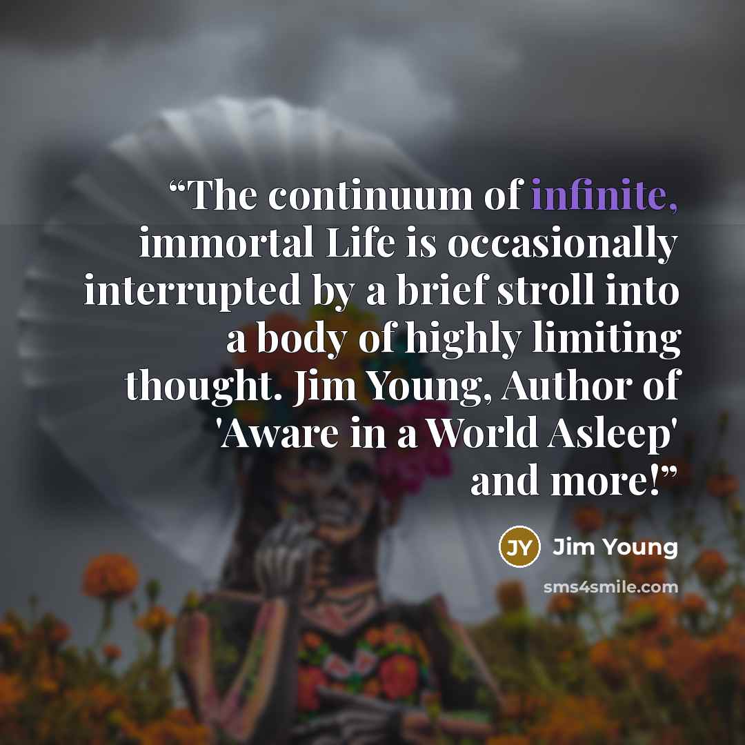 “The continuum of infinite, immortal Life is occasionally interrupted by a brief stroll into a body of highly limiting thought. Jim Young, Author of 'Aware in a World Asleep' and more!” quote by Jim Young
