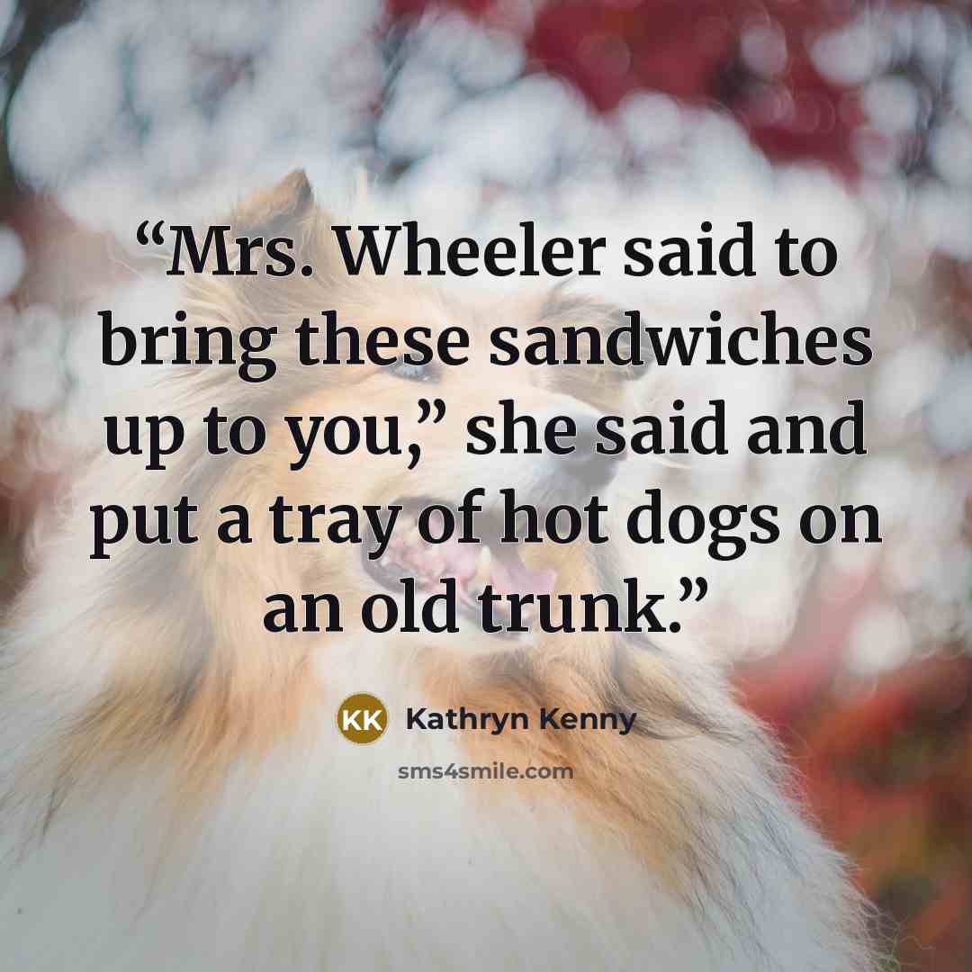 “Mrs. Wheeler said to bring these sandwiches up to you,” she said and put a tray of hot dogs on an old trunk.” quote by Kathryn Kenny