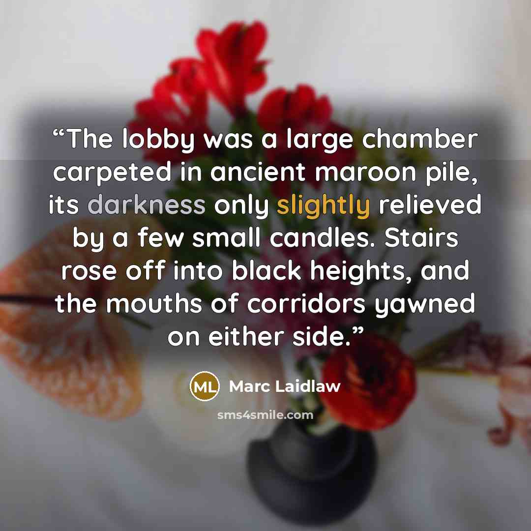 “The lobby was a large chamber carpeted in ancient maroon pile, its darkness only slightly relieved by a few small candles. Stairs rose off into black heights, and the mouths of corridors yawned on either side.” quote by Marc Laidlaw