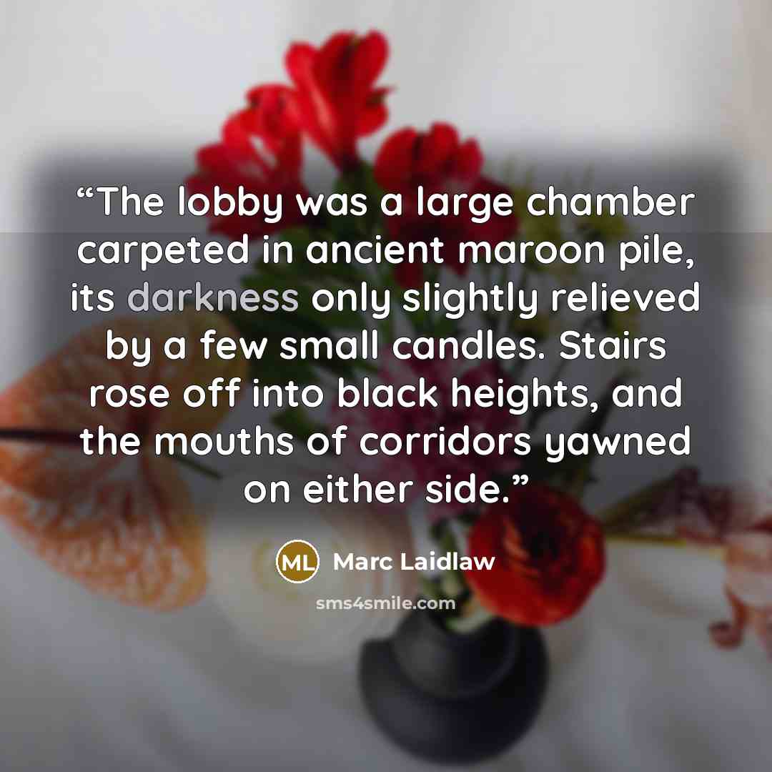 “The lobby was a large chamber carpeted in ancient maroon pile, its darkness only slightly relieved by a few small candles. Stairs rose off into black heights, and the mouths of corridors yawned on either side.” quote by Marc Laidlaw