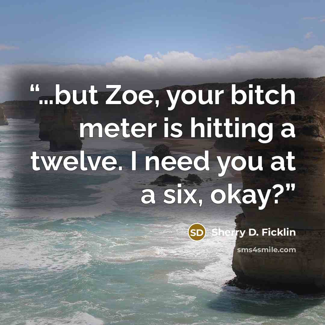 “…but Zoe, your bitch meter is hitting a twelve. I need you at a six, okay?” quote by Sherry D. Ficklin
