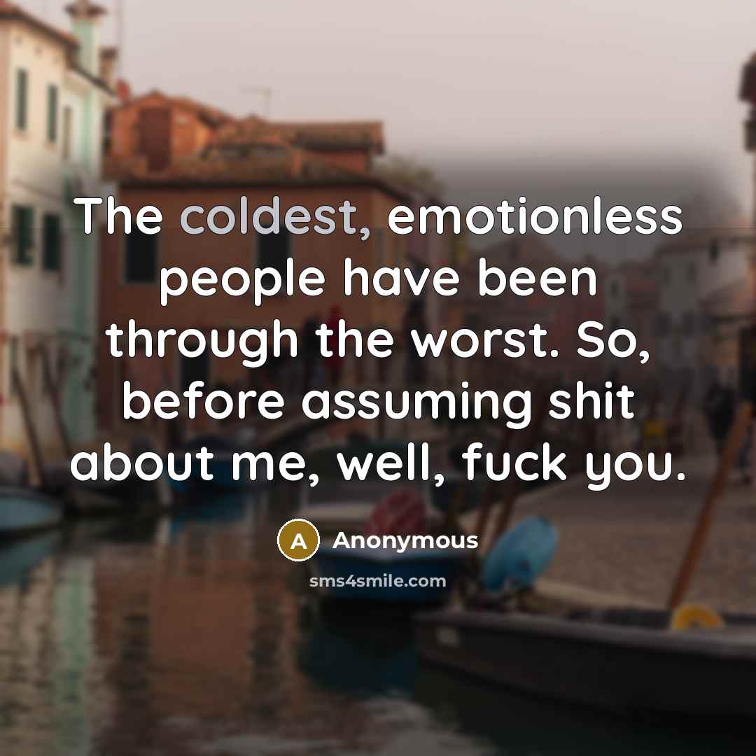 “The coldest, emotionless people have been through the worst. So, before assuming shit about me, well, fuck you.” quote by Anonymous