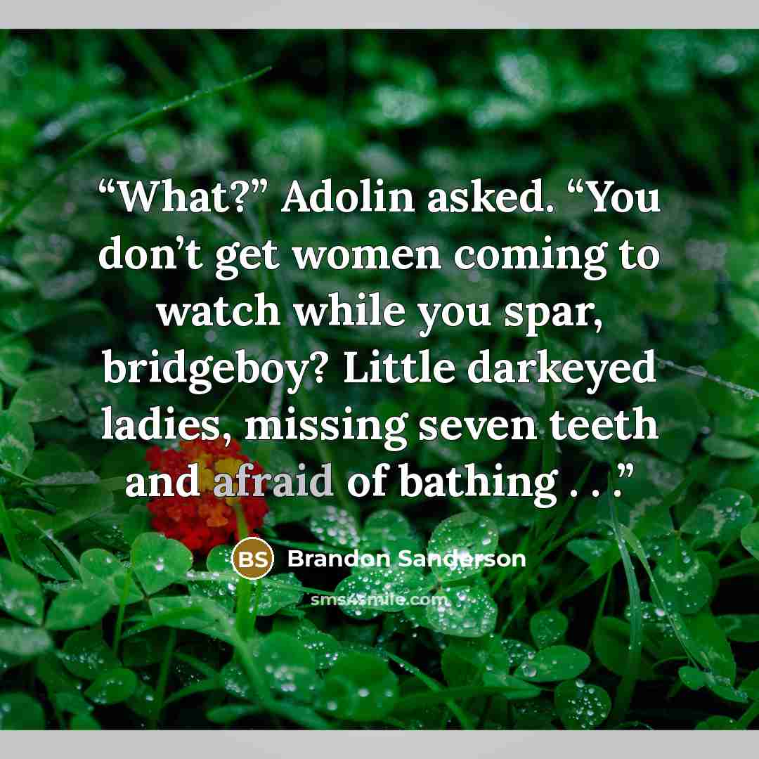 “What?” Adolin asked. “You don’t get women coming to watch while you spar, bridgeboy? Little darkeyed ladies, missing seven teeth and afraid of bathing . . .” quote by Brandon Sanderson