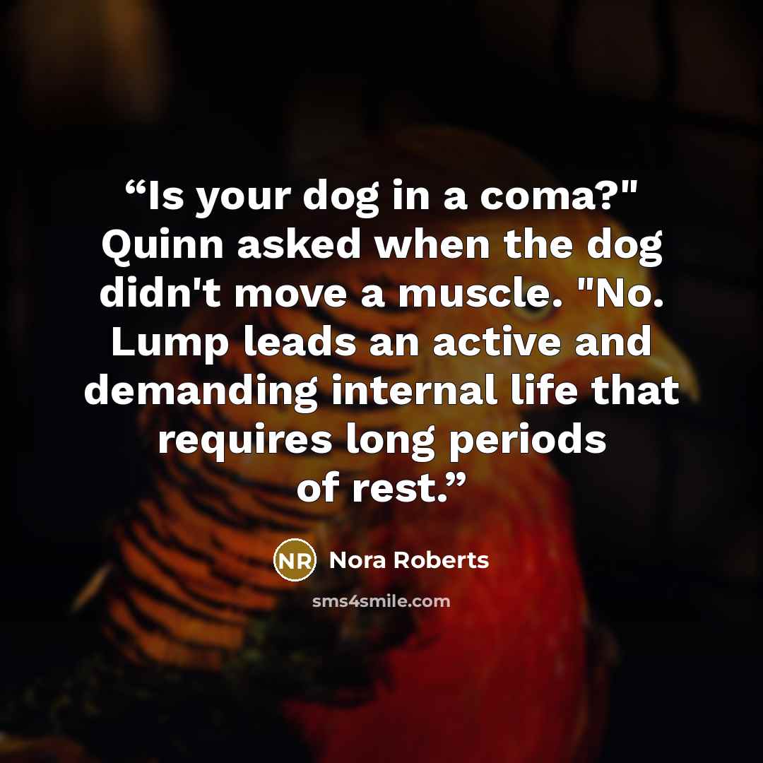“Is your dog in a coma?" Quinn asked when the dog didn't move a muscle. "No. Lump leads an active and demanding internal life that requires long periods of rest.” quote by Nora Roberts