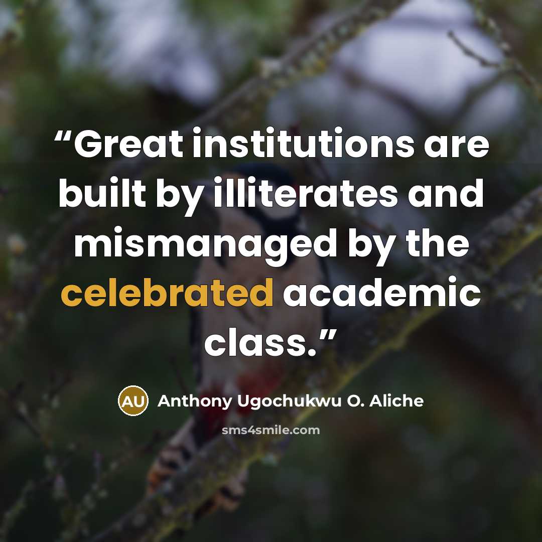 “Great institutions are built by illiterates and mismanaged by the celebrated academic class.” quote by Anthony Ugochukwu O. Aliche