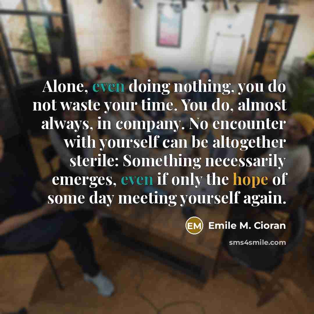 “Alone, even doing nothing, you do not waste your time. You do, almost always, in company. No encounter with yourself can be altogether sterile: Something necessarily emerges, even if only the hope of some day meeting yourself again.” quote by Emile M. Cioran