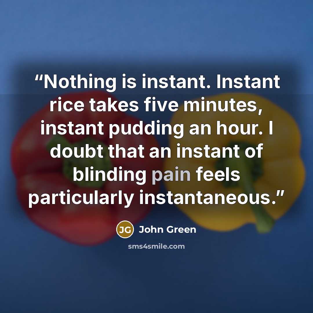 “Nothing is instant. Instant rice takes five minutes, instant pudding an hour. I doubt that an instant of blinding pain feels particularly instantaneous.” quote by John Green