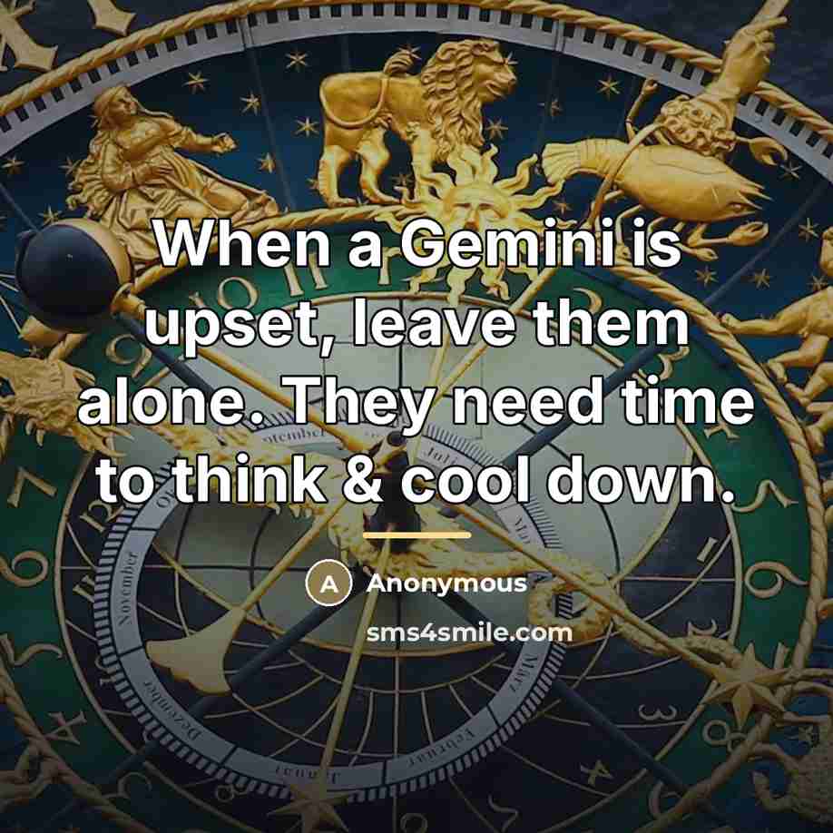 “When a Gemini is upset, leave them alone. They need…” quote by Anonymous