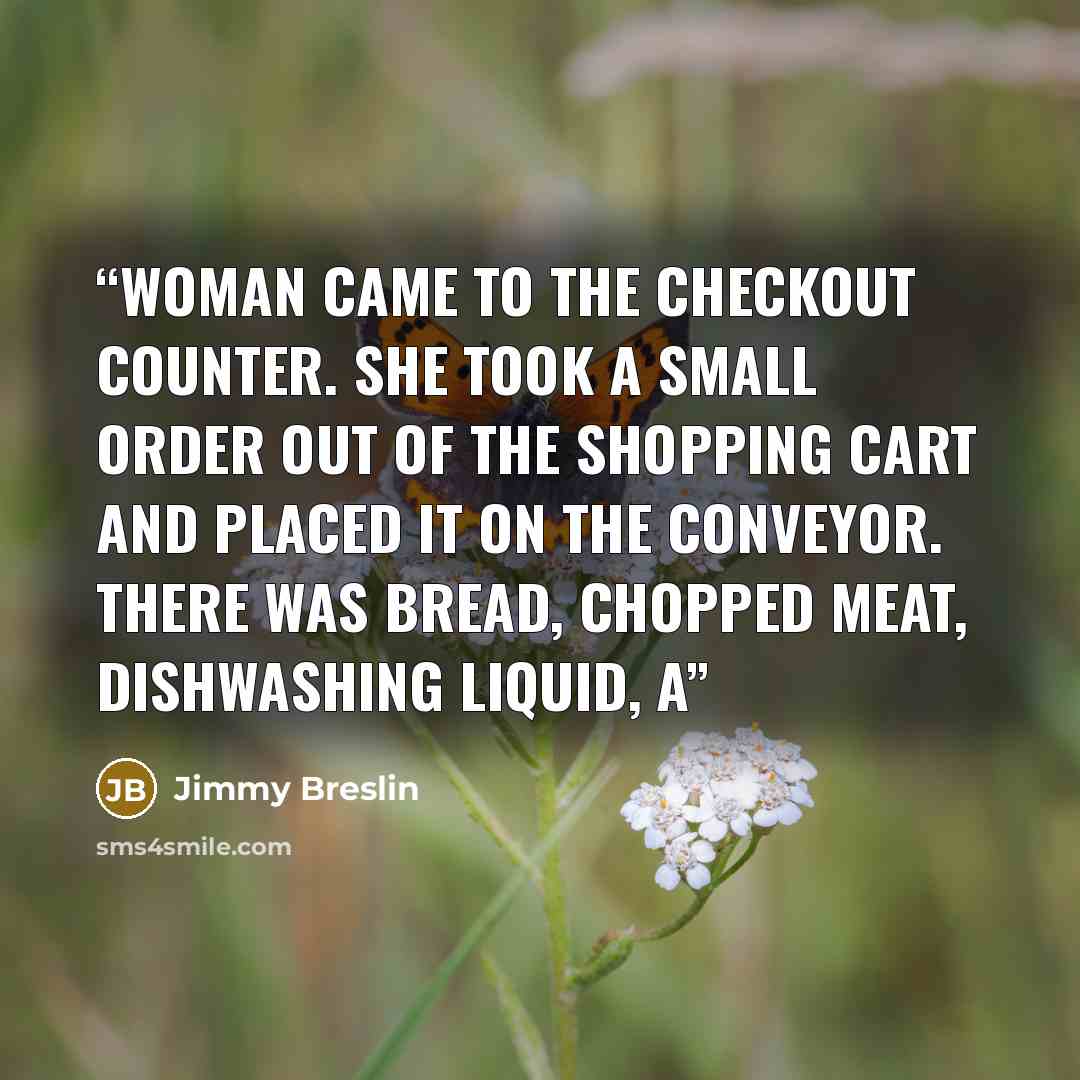 “woman came to the checkout counter. She took a small order out of the shopping cart and placed it on the conveyor. There was bread, chopped meat, dishwashing liquid, a” quote by Jimmy Breslin