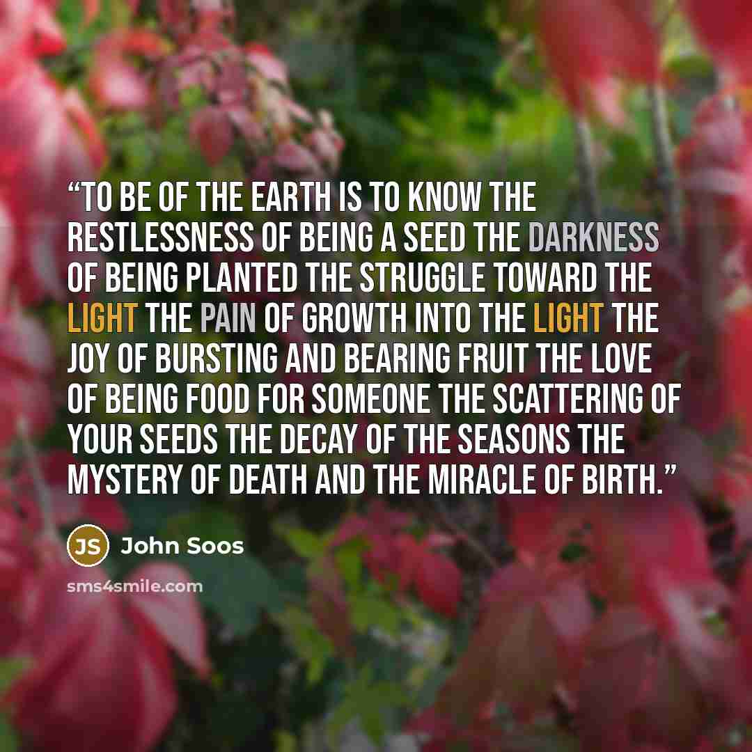 “To be of the Earth is to know the restlessness of being a seed the darkness of being planted the struggle toward the light the pain of growth into the light the joy of bursting and bearing fruit the love of being food for someone the scattering of your seeds the decay of the seasons the mystery of…” quote by John Soos