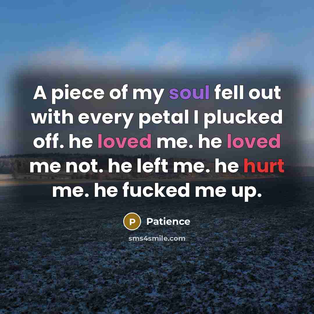 “A piece of my soul fell out with every petal I plucked off. he loved me. he loved me not. he left me. he hurt me. he fucked me up.” quote by Patience
