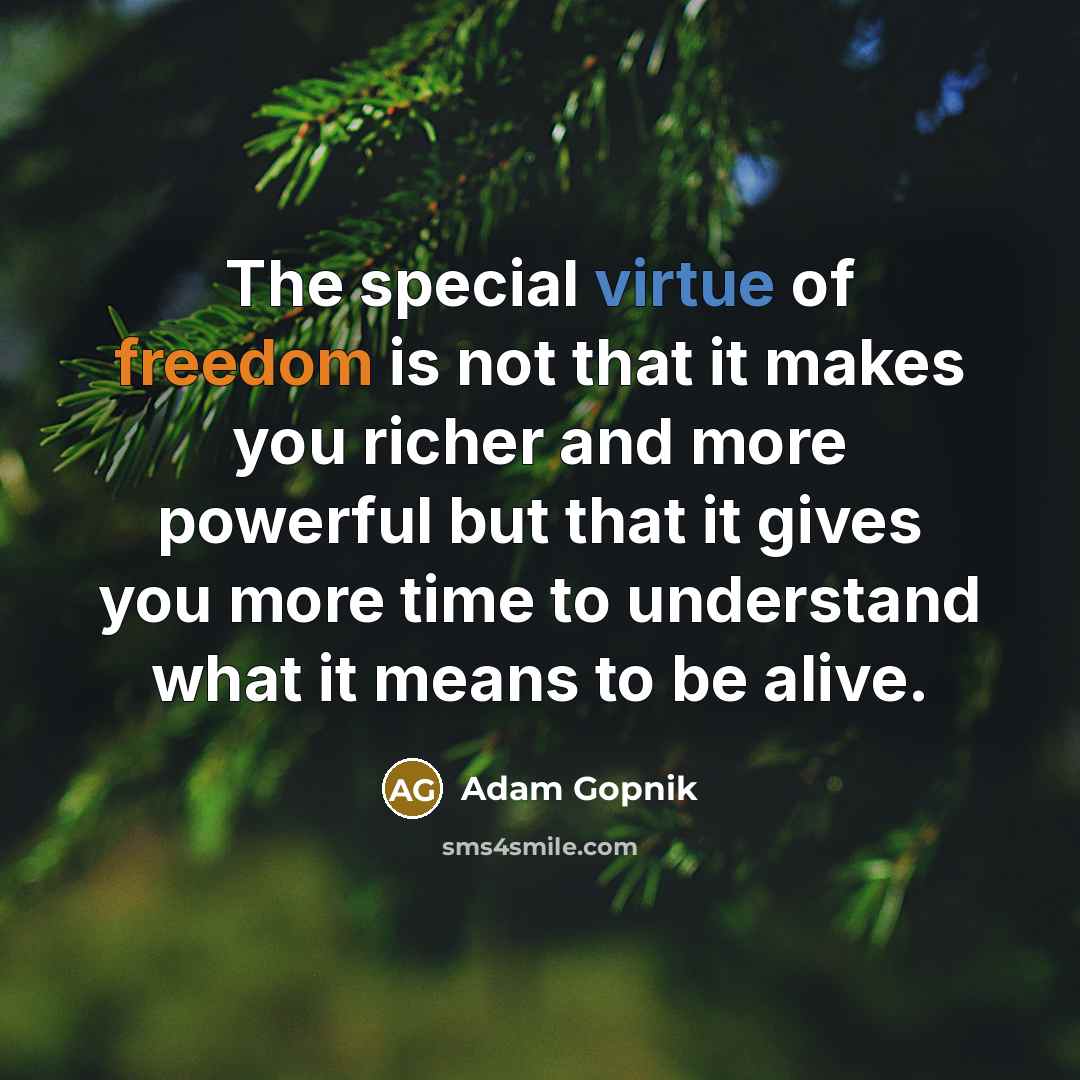 “The special virtue of freedom is not that it makes…” quote by Adam Gopnik
