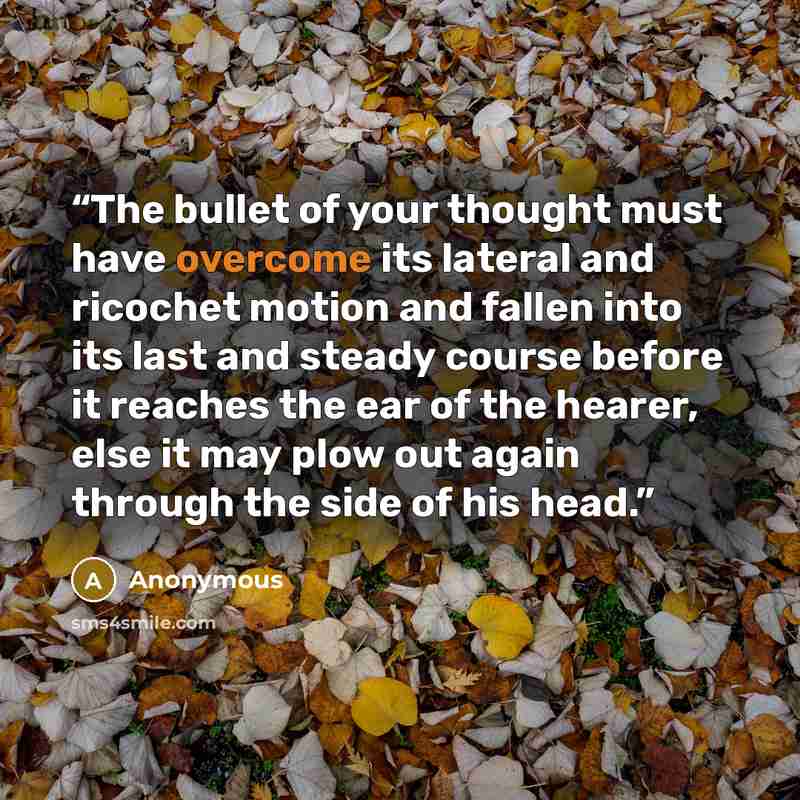 “The bullet of your thought must have overcome its lateral and ricochet motion and fallen into its last and steady course before it reaches the ear of the hearer, else it may plow out again through the side of his head.” quote by Anonymous