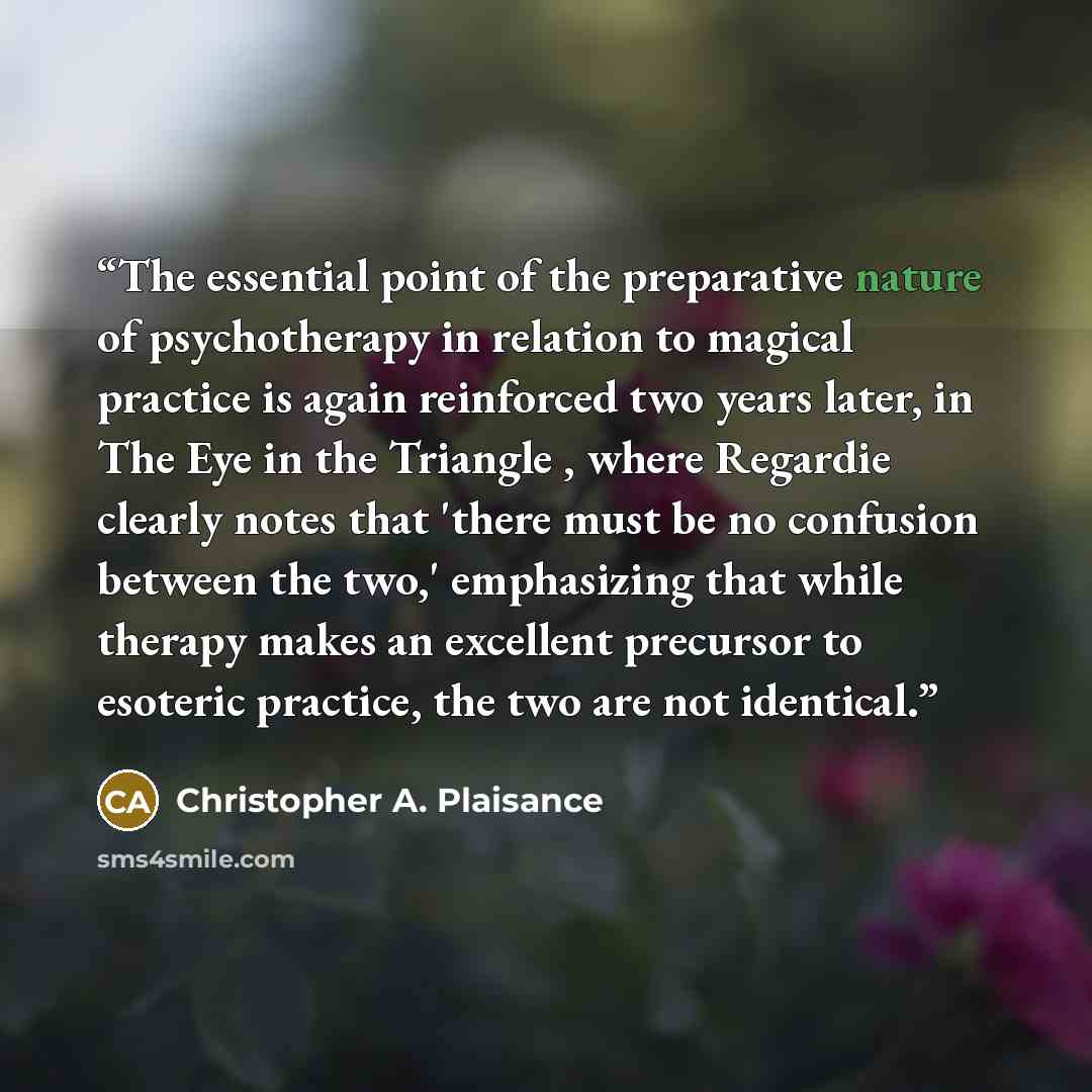 “The essential point of the preparative nature of psychotherapy in relation to magical practice is again reinforced two years later, in The Eye in the Triangle , where Regardie clearly notes that 'there must be no confusion between the two,' emphasizing that while therapy makes an excellent…” quote by Christopher A. Plaisance