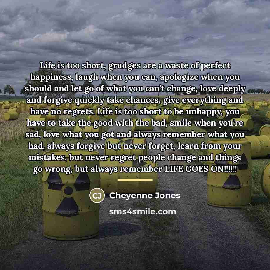 “Life is too short, grudges are a waste of perfect…” quote by Cheyenne Jones