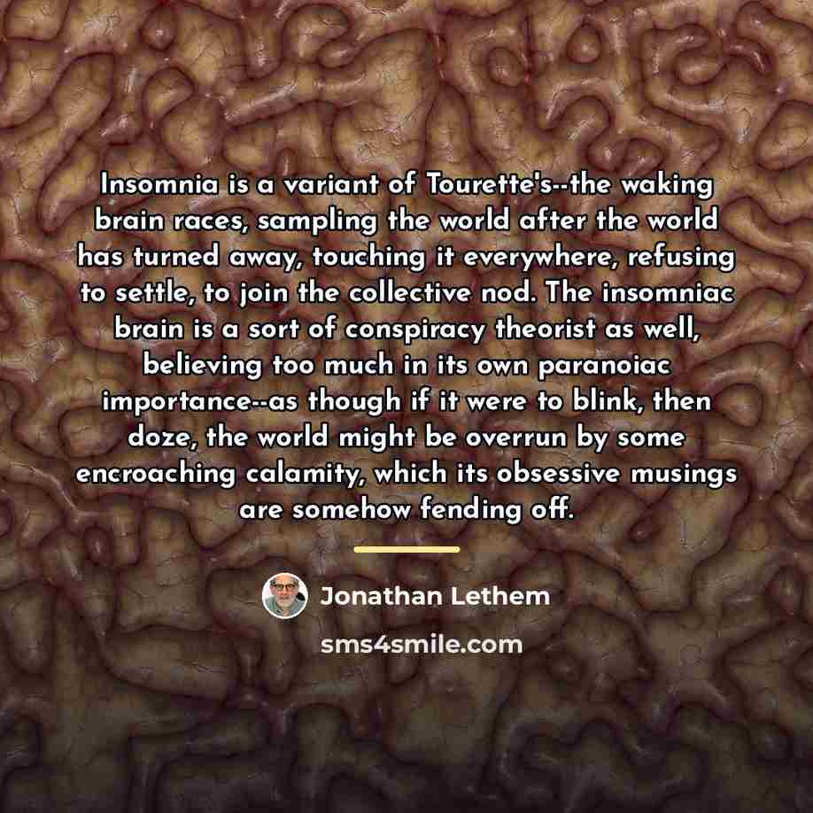 “Insomnia is a variant of Tourette's--the waking brain races, sampling…” quote by Jonathan Lethem