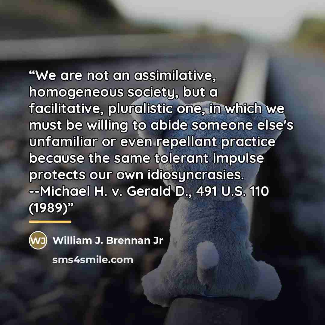 “We are not an assimilative, homogeneous society, but a facilitative, pluralistic one, in which we must be willing to abide someone else's unfamiliar or even repellant practice because the same tolerant impulse protects our own idiosyncrasies. --Michael H. v. Gerald D., 491 U.S. 110 (1989)” quote by Anonymous