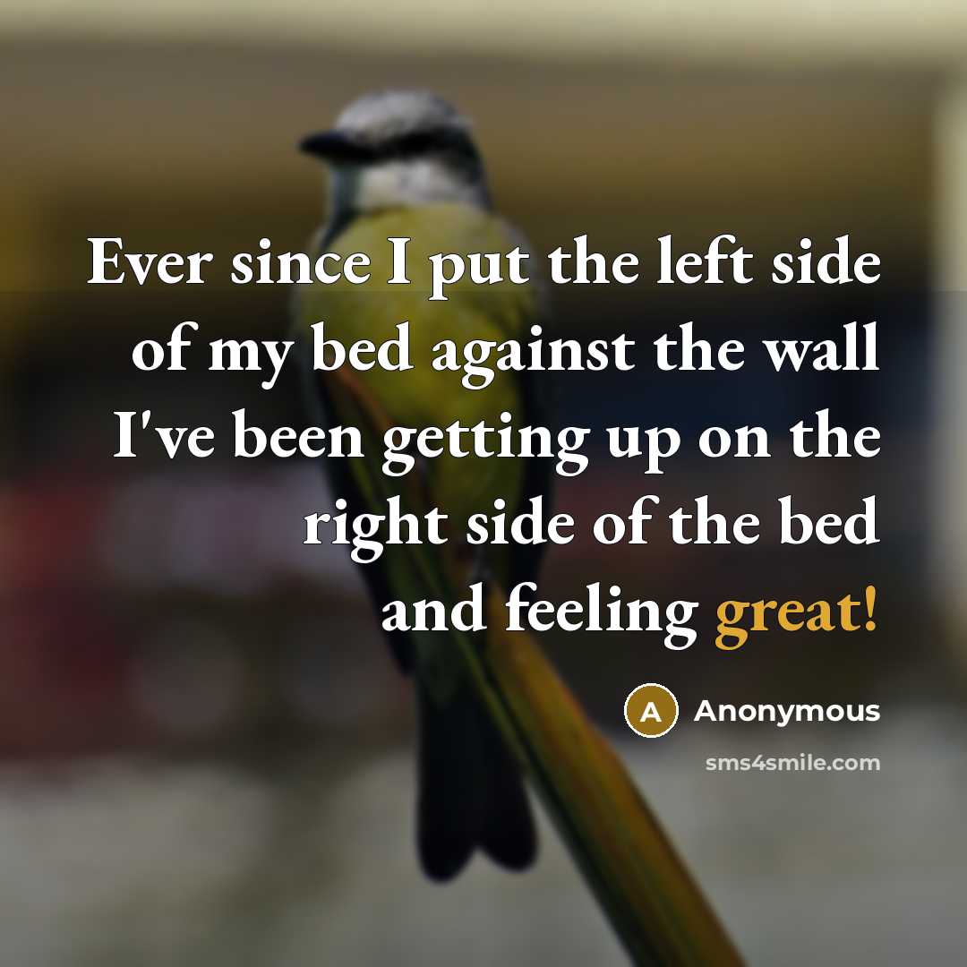 “Ever since I put the left side of my bed against the wall I've been getting up on the right side of the bed and feeling great!” quote by Anonymous