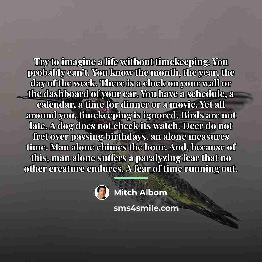 “Try to imagine a life without timekeeping. You probably can’t.…” quote by Mitch Albom