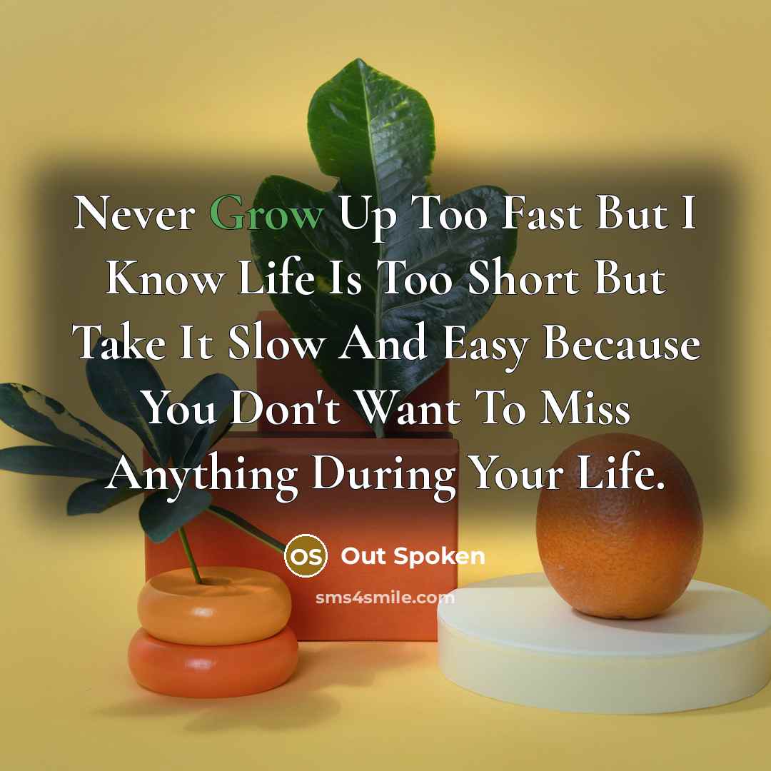 “Never Grow Up Too Fast But I Know Life Is Too Short But Take It Slow And Easy Because You Don't Want To Miss Anything During Your Life.” quote by Out Spoken