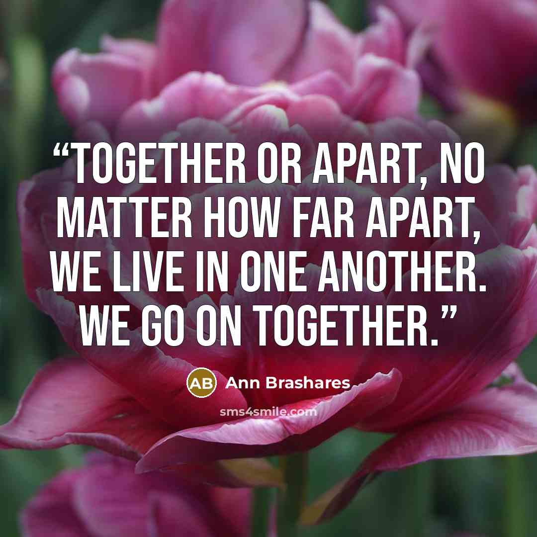 “Together or apart, no matter how far apart, we live in one another. We go on together.” quote by Ann Brashares