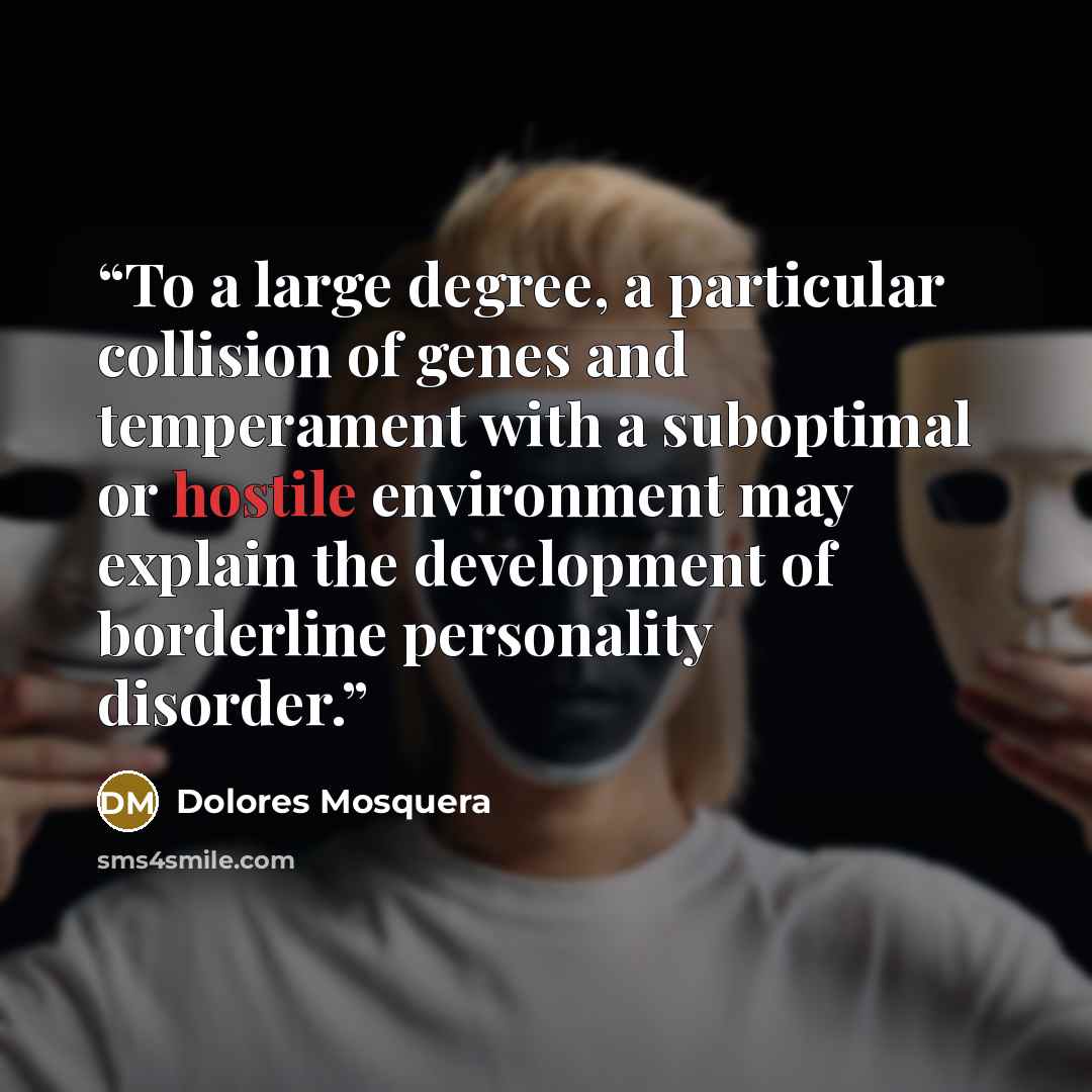 “To a large degree, a particular collision of genes and temperament with a suboptimal or hostile environment may explain the development of borderline personality disorder.” quote by Dolores Mosquera