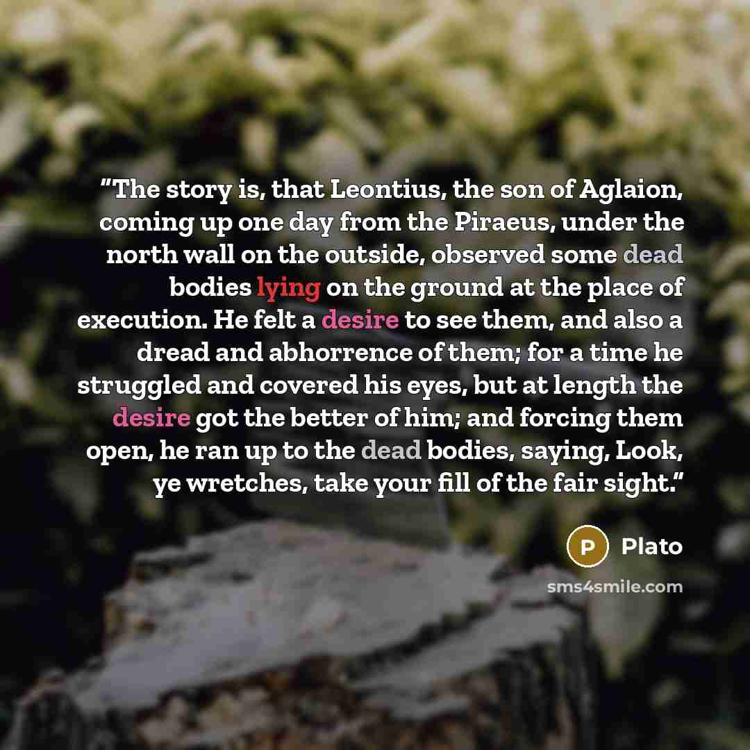 “The story is, that Leontius, the son of Aglaion, coming up one day from the Piraeus, under the north wall on the outside, observed some dead bodies lying on the ground at the place of execution. He felt a desire to see them, and also a dread and abhorrence of them; for a time he struggled and…” quote by Plato