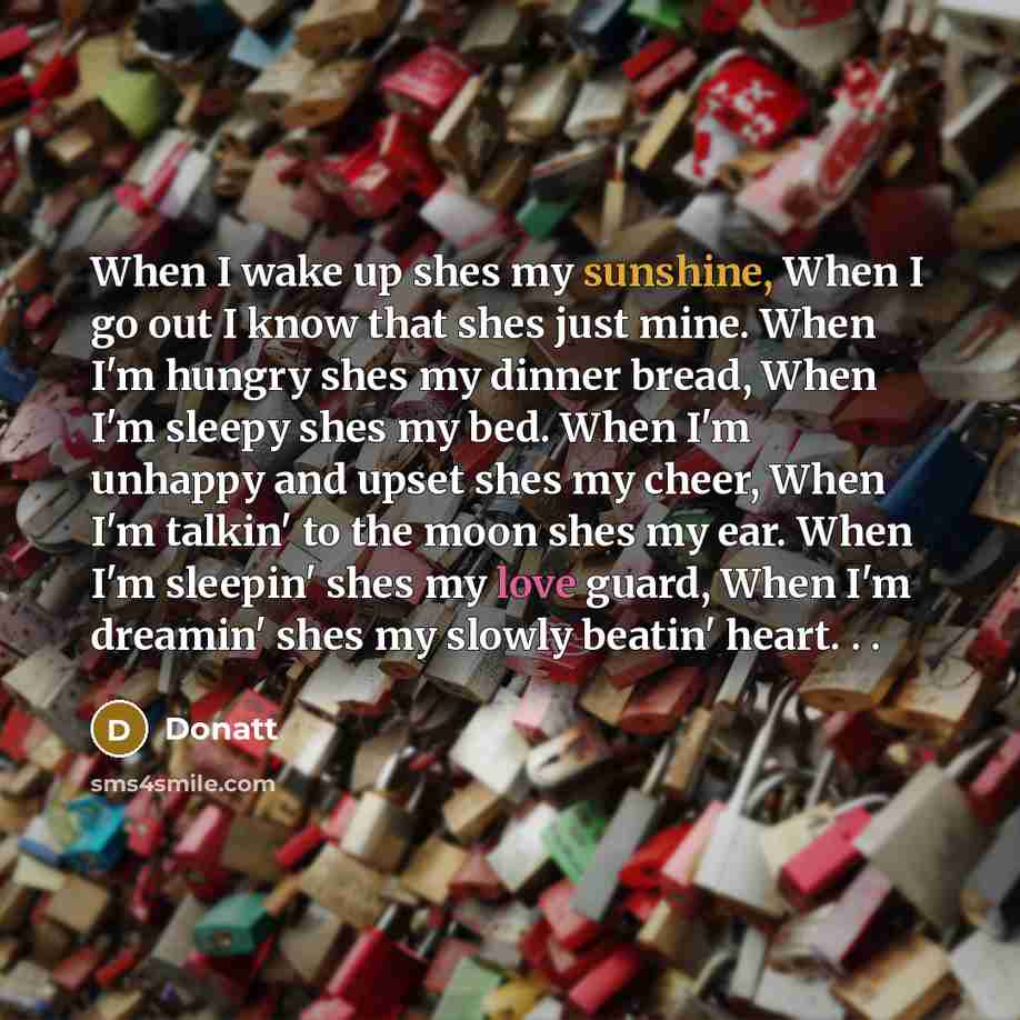 “When I wake up shes my sunshine, When I go out I know that shes just mine. When I'm hungry shes my dinner bread, When I'm sleepy shes my bed. When I'm unhappy and upset shes my cheer, When I'm talkin' to the moon shes my ear. When I'm sleepin' shes my love guard, When I'm dreamin' shes my slowly…” quote by Donatt