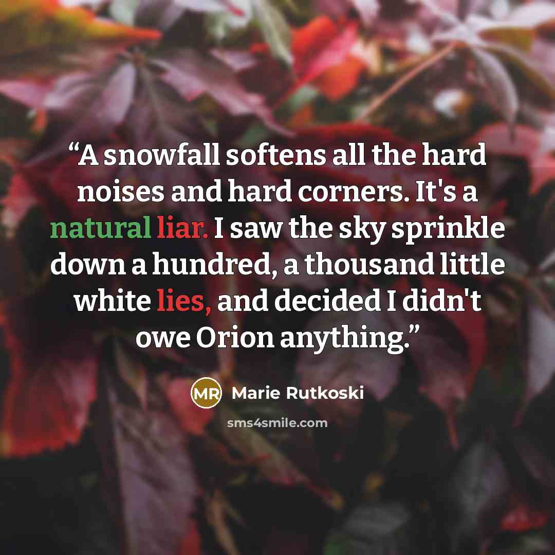 “A snowfall softens all the hard noises and hard corners. It's a natural liar. I saw the sky sprinkle down a hundred, a thousand little white lies, and decided I didn't owe Orion anything.” quote by Marie Rutkoski